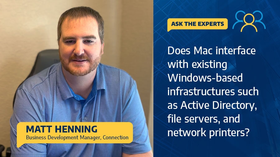 How well does Mac interface with existing Windows-based infrastructures such as Active Directory, file servers, and network printers?  - Video